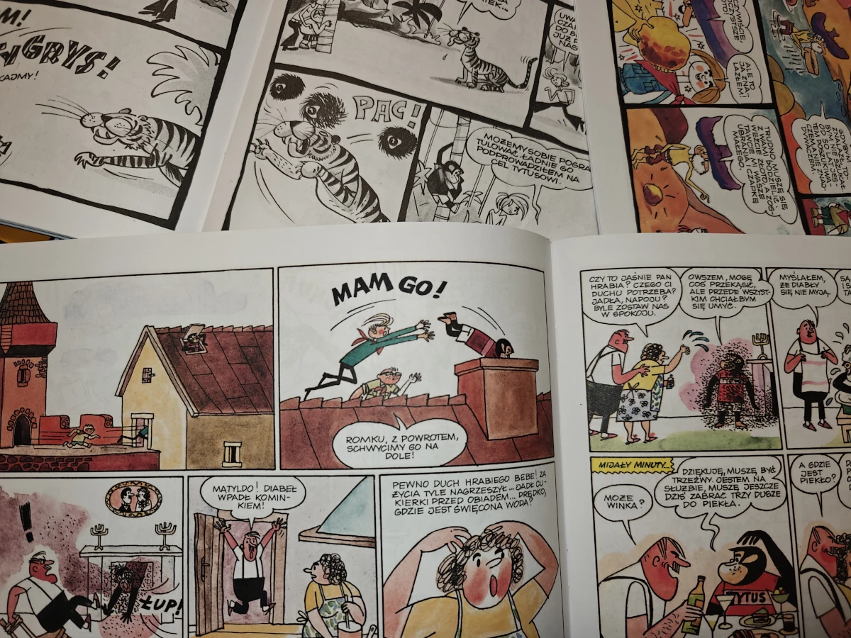Fragment komiksu Tytus, Romek i A’Tomek – sceny z przygodami bohaterów w klasycznym stylu rysunkowym