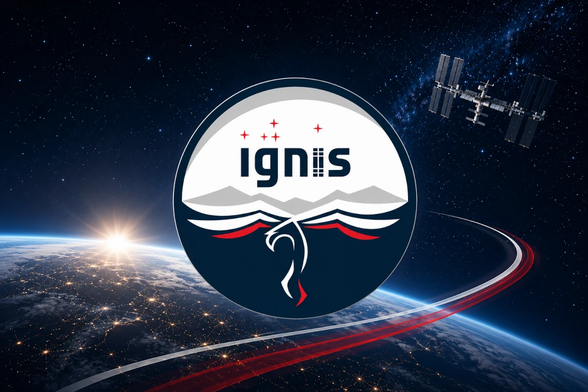Symboliczna grafika polskiej misji IGNIS na tle Ziemi i Międzynarodowej Stacji Kosmicznej