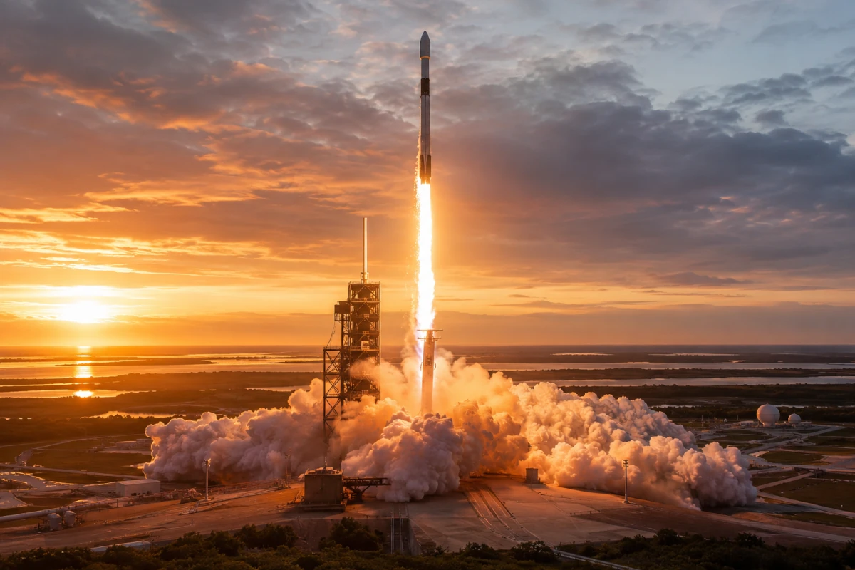 Start rakiety Falcon o wschodzie słońca z platformy startowej