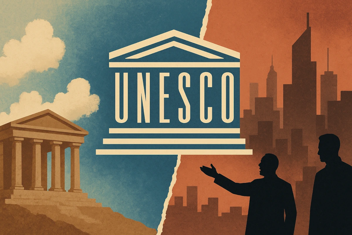 Symboliczna ilustracja UNESCO – klasyczna świątynia po lewej i współczesne miasto po prawej, oddzielone kontrastem idealizmu i realizmu
