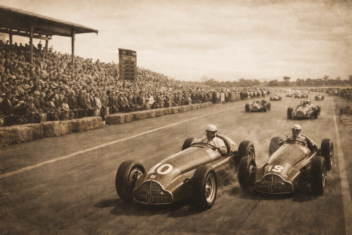 Artystyczna wizja pierwszego wyścigu Formuły 1 w 1950 roku