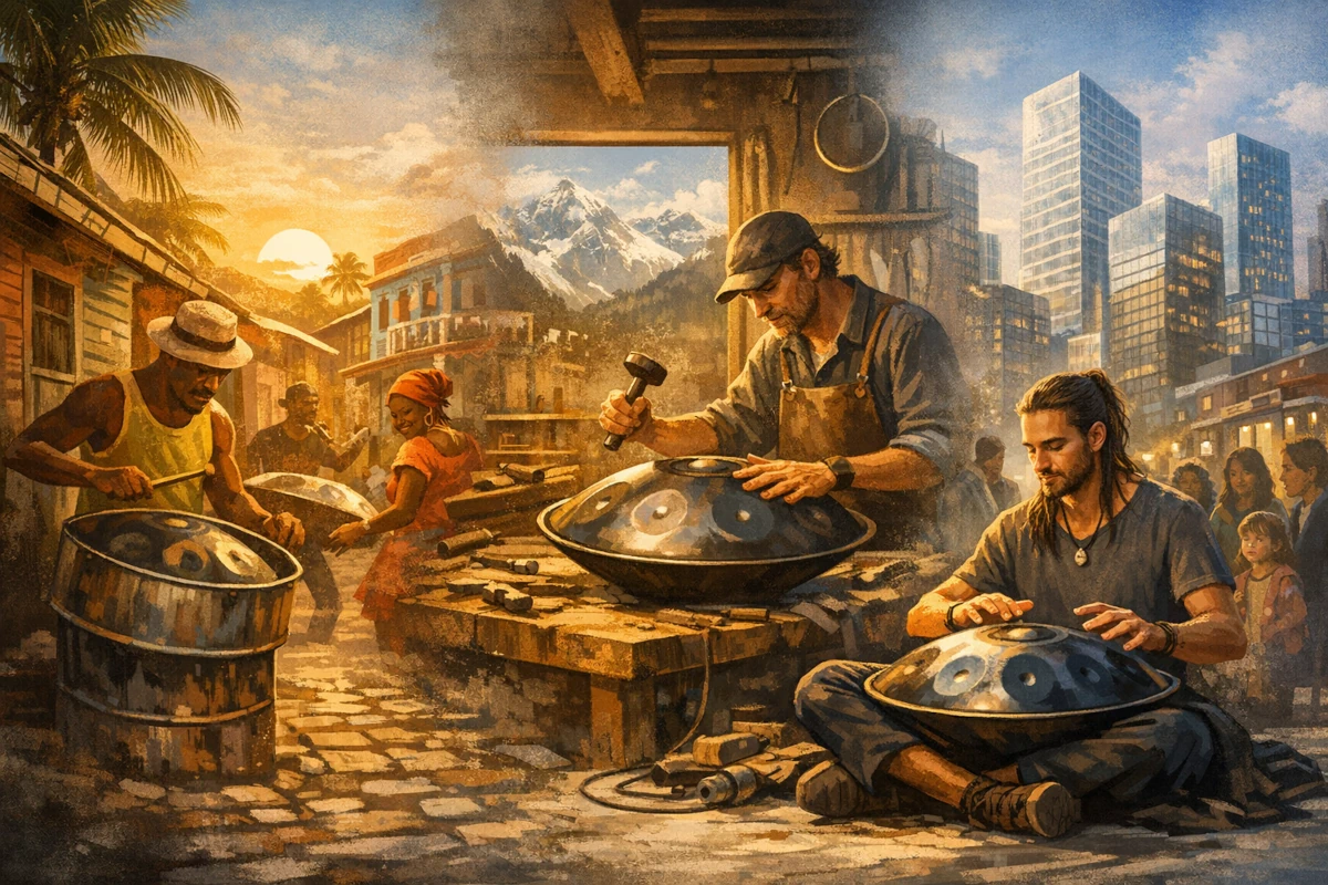 Ewolucja instrumentu handpan – ilustracja poglądowa rozwoju formy i konstrukcji