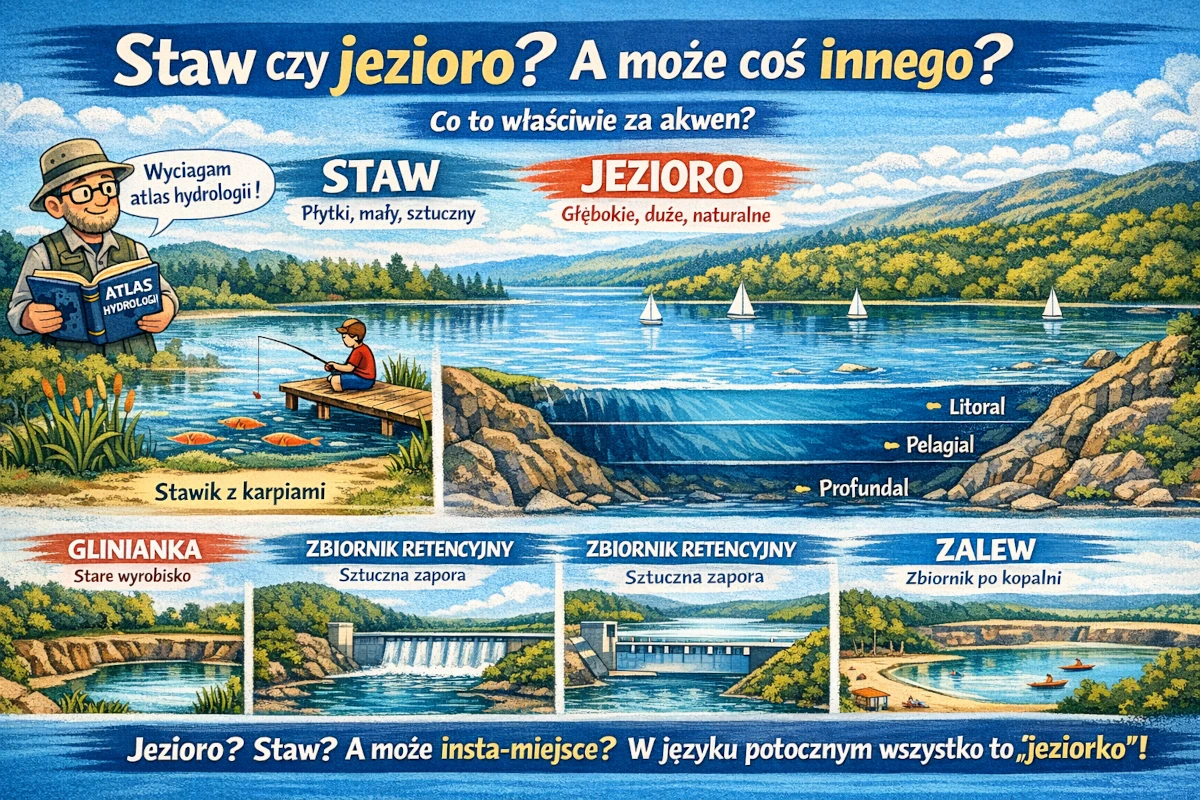 Ilustracja porównawcza: staw czy jezioro – różnice pojęciowe i hydrologiczne