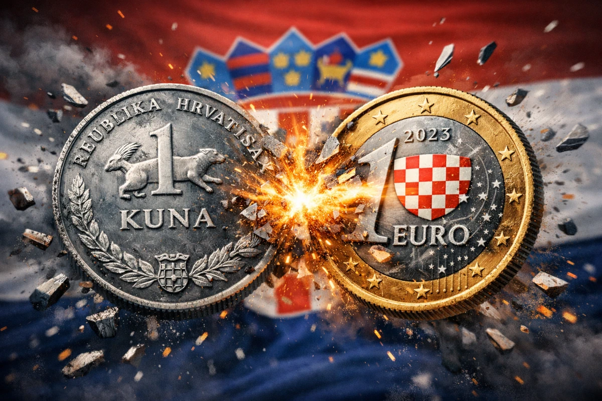 Ilustracja poglądowa przedstawiająca chorwacką kunę zestawioną z symbolem euro
