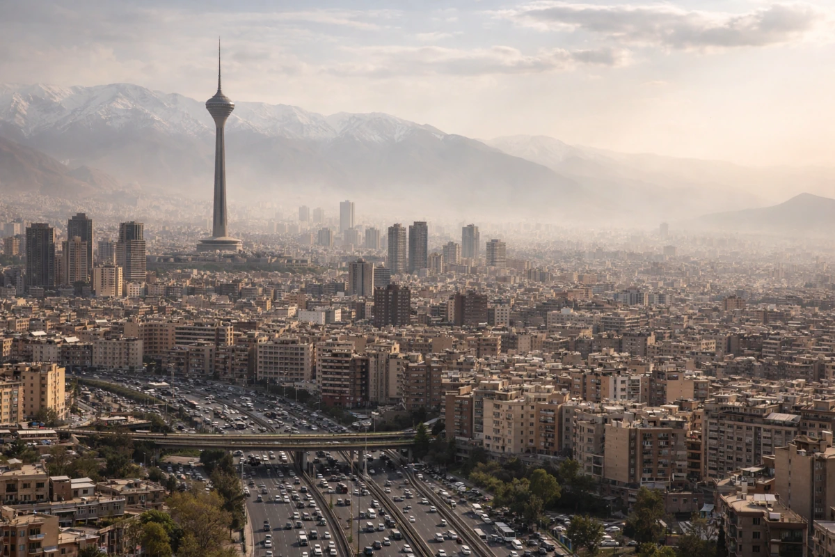 Ilustracja poglądowa przedstawiająca Teheran – miasto położone między górami Alborz a gęstą zabudową metropolitalną
