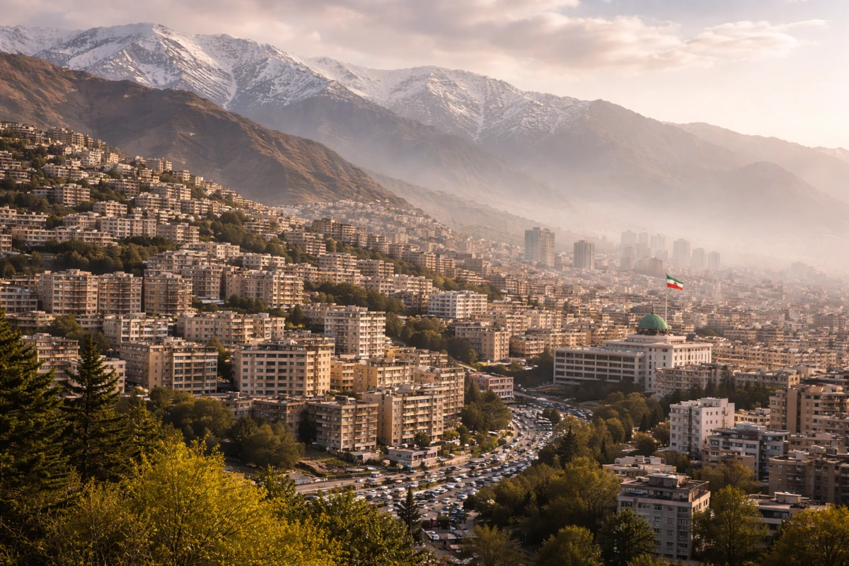 Ilustracja poglądowa przedstawiająca Teheran – miejską zabudowę na tle Gór Alborz
