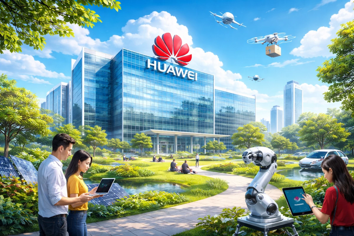 Historia Huawei – symboliczna scena przedstawiająca rozwój chińskiej firmy technologicznej od skromnych początków do globalnego lidera telekomunikacji

