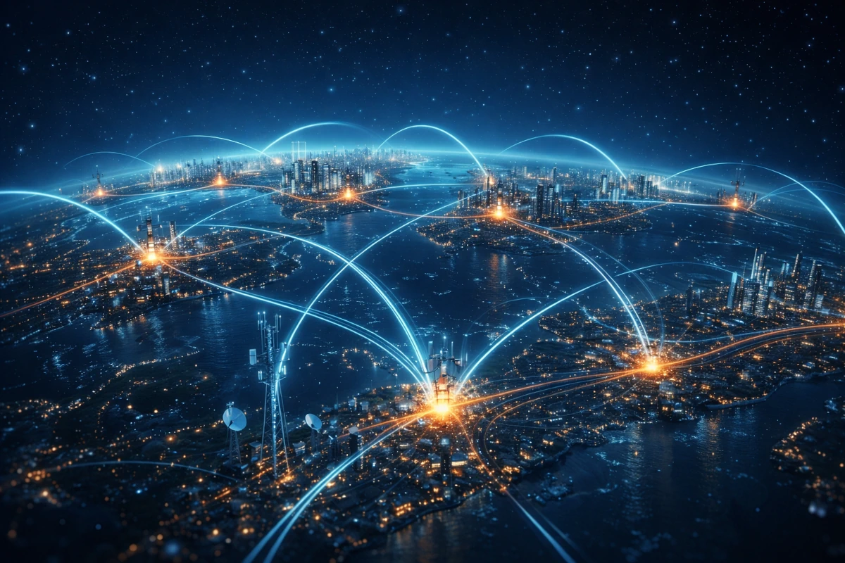 Globalna sieć telekomunikacyjna – połączenia między kontynentami, światłowody i węzły danych symbolizujące wyzwania geopolityczne