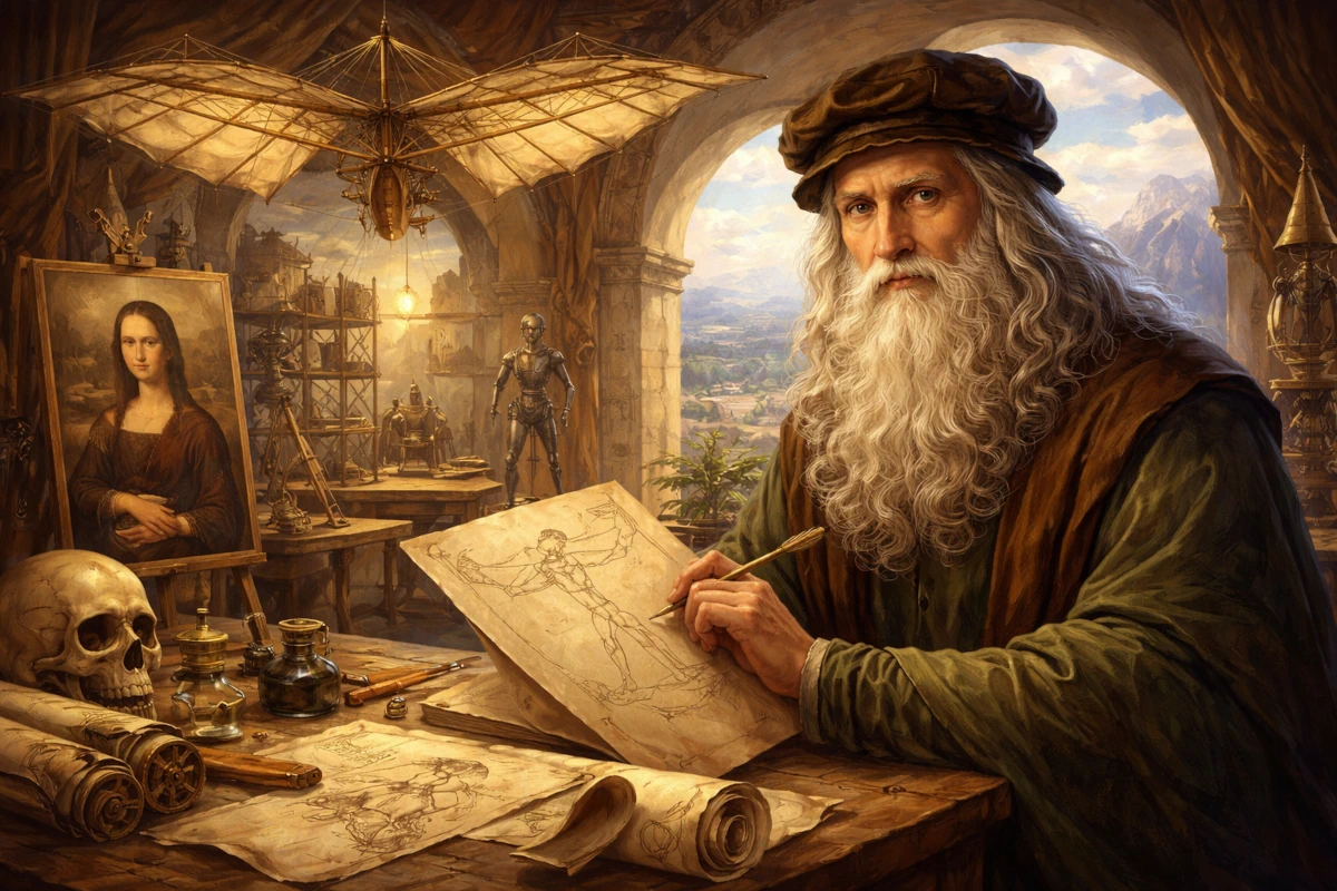 Portret Leonarda da Vinci z pracownią i szkicami anatomicznymi
