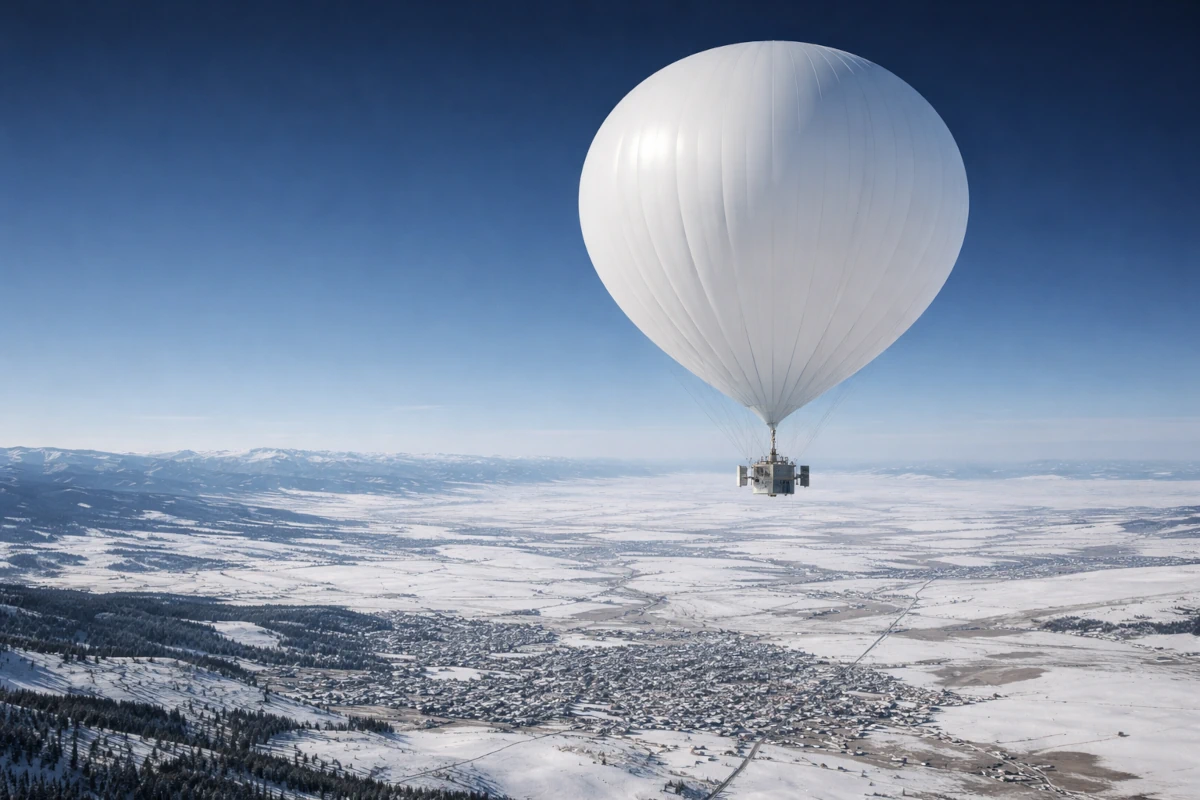 Chiński balon obserwacyjny unoszący się wysoko nad terytorium USA na tle jasnego nieba
