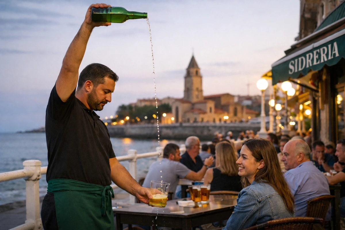 Nalewanie sidry metodą eskalada w Gijón