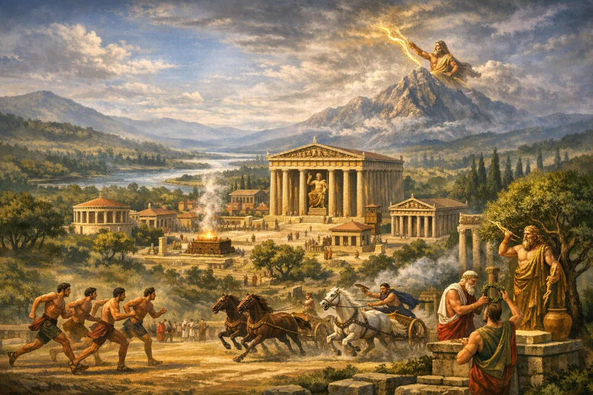 Ilustracja przedstawiająca antycznych atletów rywalizujących na stadionie w Olimpii podczas starożytnych igrzysk olimpijskich