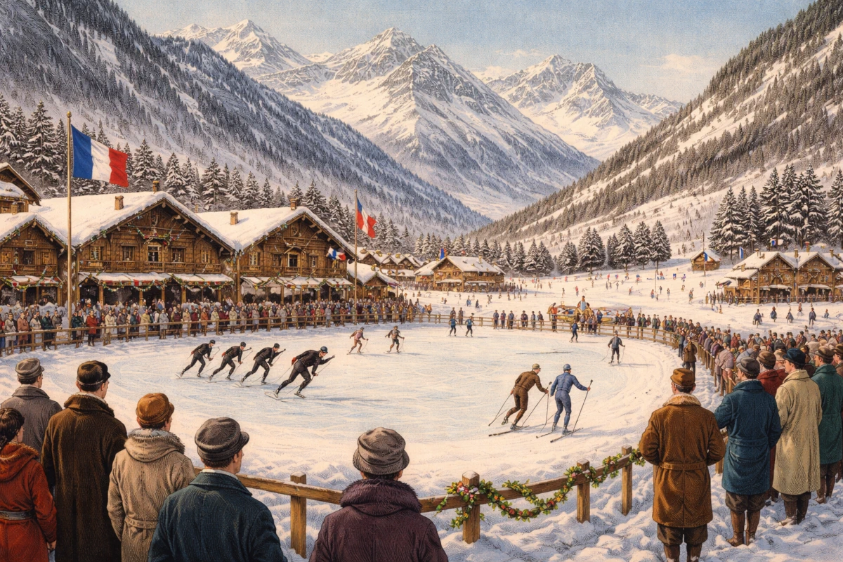 Prekursor olimpiady zimowej – scena zimowych zawodów sportowych z początku XX wieku