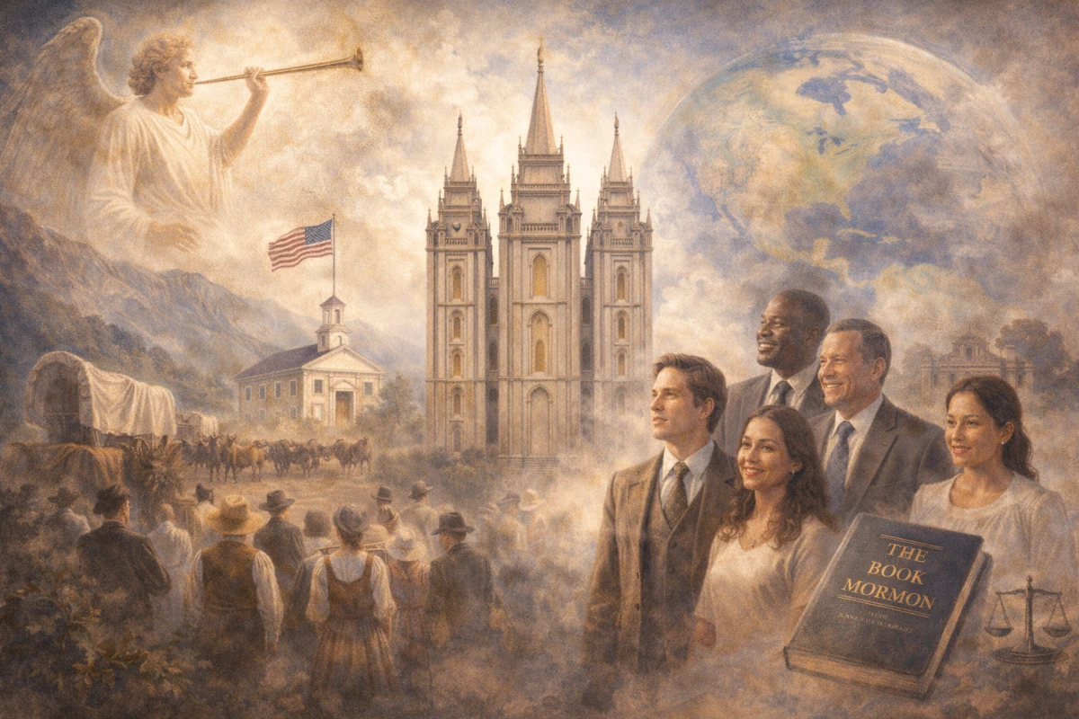 Ilustracja historii mormonów – Joseph Smith, pionierzy i świątynia w Salt Lake City