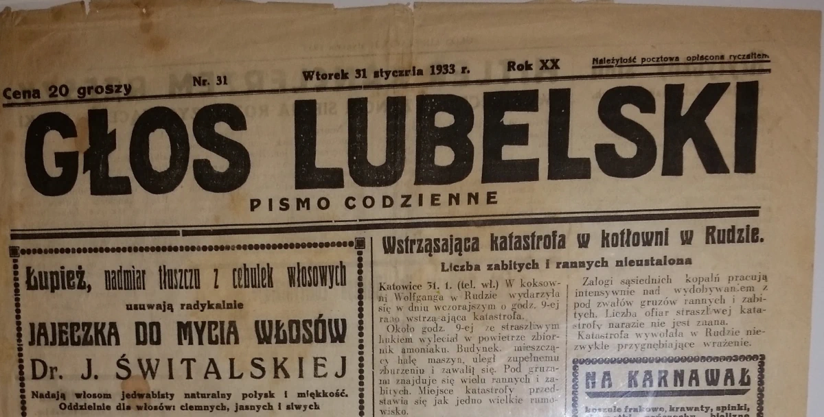 Fragmenty archiwalnych wydań dziennika „Głos Lubelski” z okresu międzywojennego