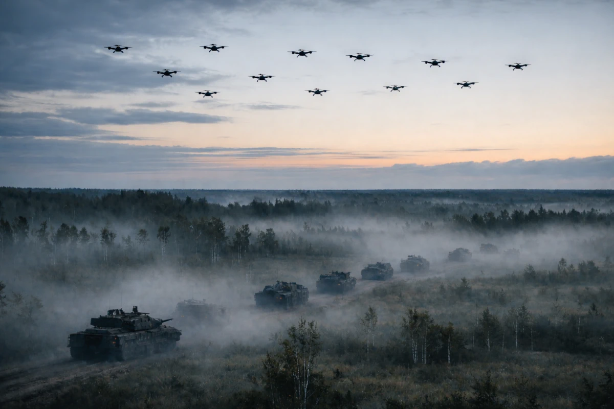 Poranny szturm dronów nad estońskim lasem podczas ćwiczeń NATO Hedgehog 2025 – mgła, pojazdy wojskowe i bezzałogowe systemy powietrzne nad linią drzew
