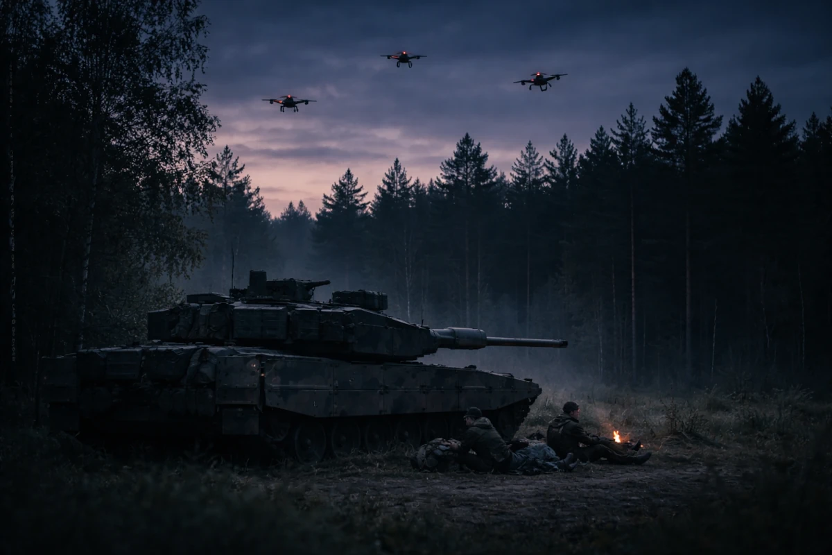 Atak dronów na czołg – wizualizacja poglądowa uderzenia bezzałogowców na pojazd pancerny na tle leśnego krajobrazu