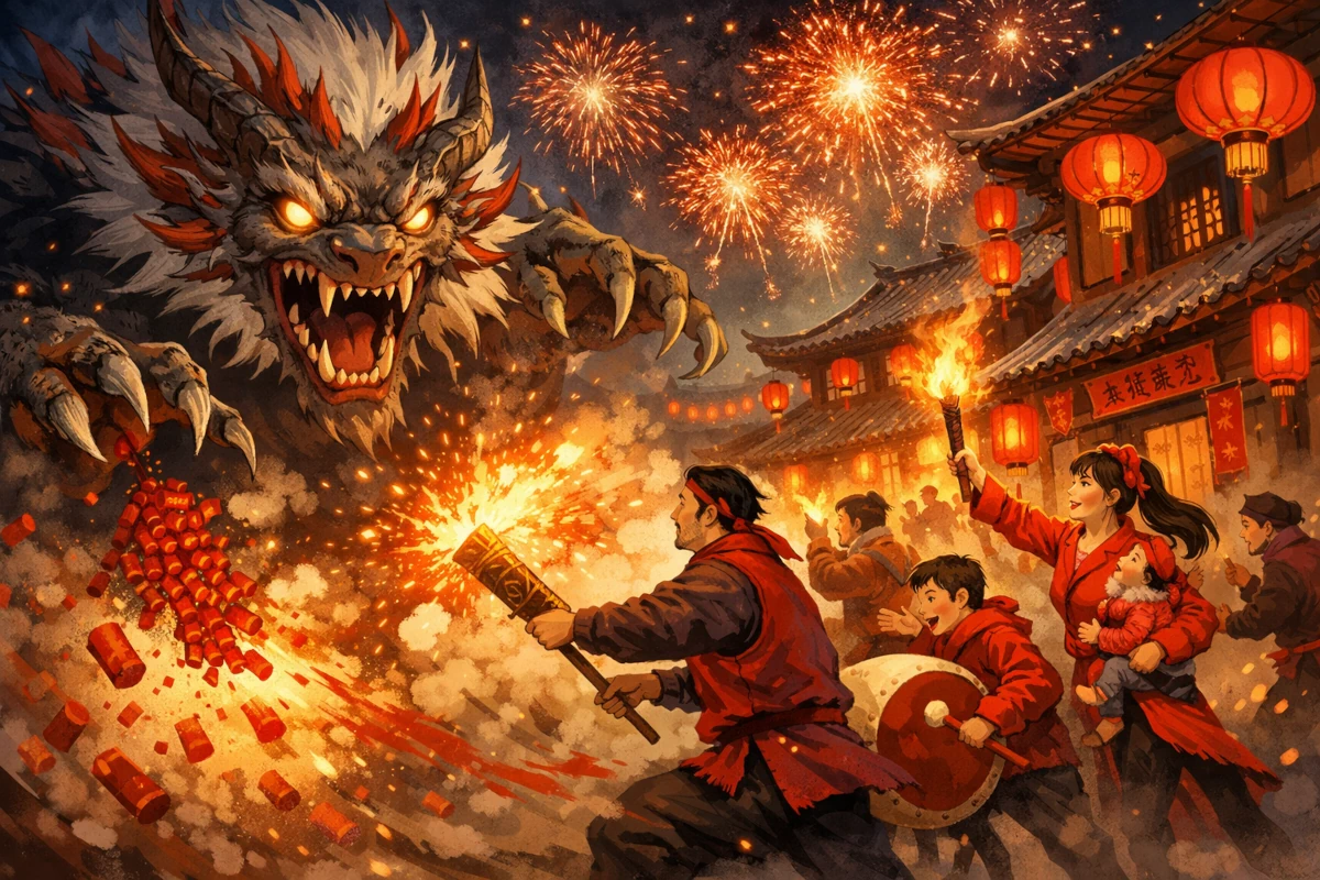Legenda o potworze Nian – czerwień, ogień i petardy odpędzające bestię podczas Chińskiego Nowego Roku