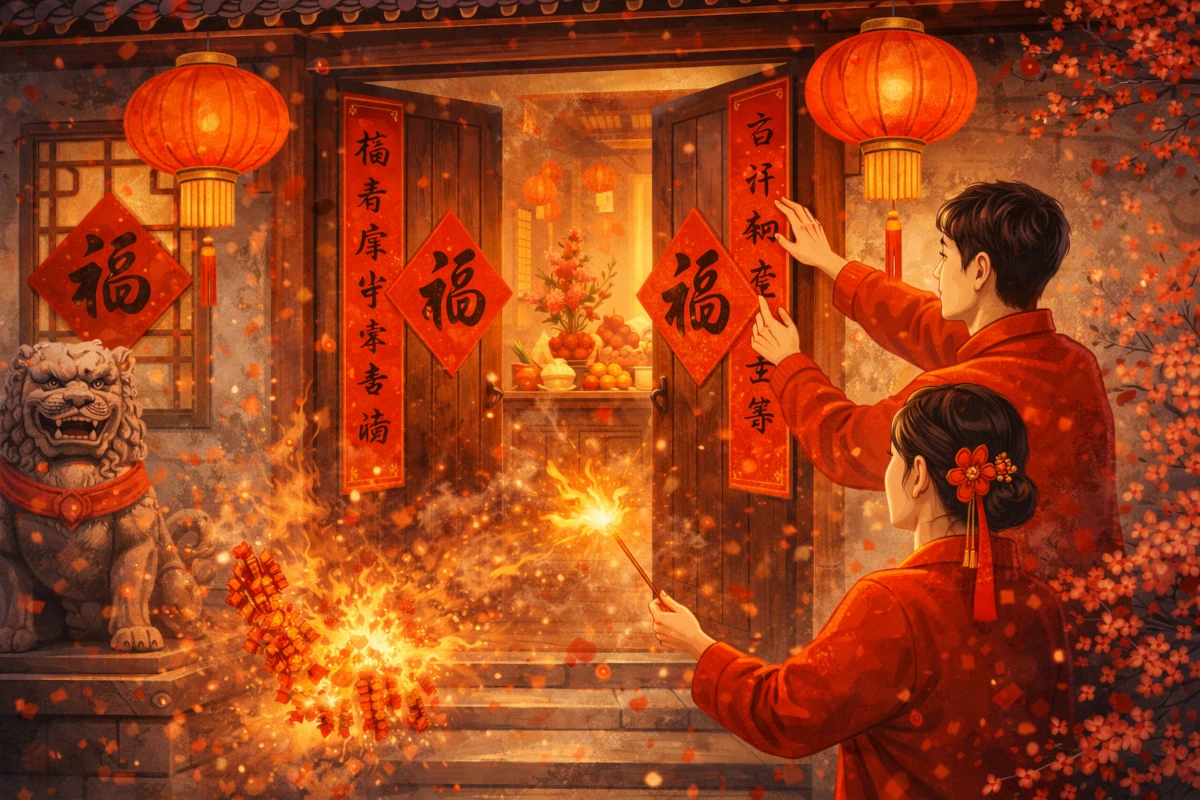Tradycyjne chińskie dekoracje drzwi z czerwonymi zwojami i znakami pomyślności podczas Święta Wiosny