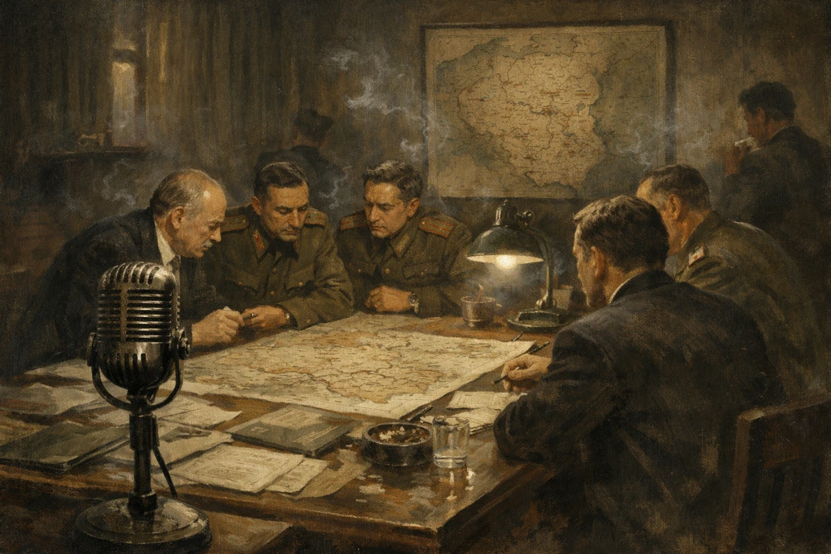 Sowiecki gabinet planowania geopolitycznego – mapa Europy Wschodniej na stole, postacie w półmroku, atmosfera politycznej narady
