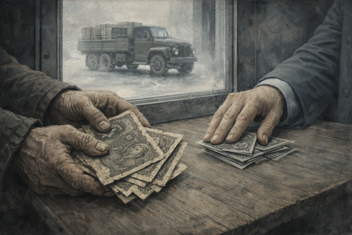 Reforma walutowa 1950 roku w Polsce – wymiana banknotów przy okienku kasowym, napięta atmosfera pierwszej dekady PRL