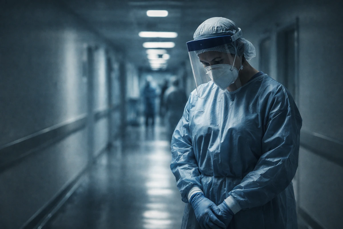 Przemęczony personel medyczny w szpitalnym korytarzu podczas pandemii