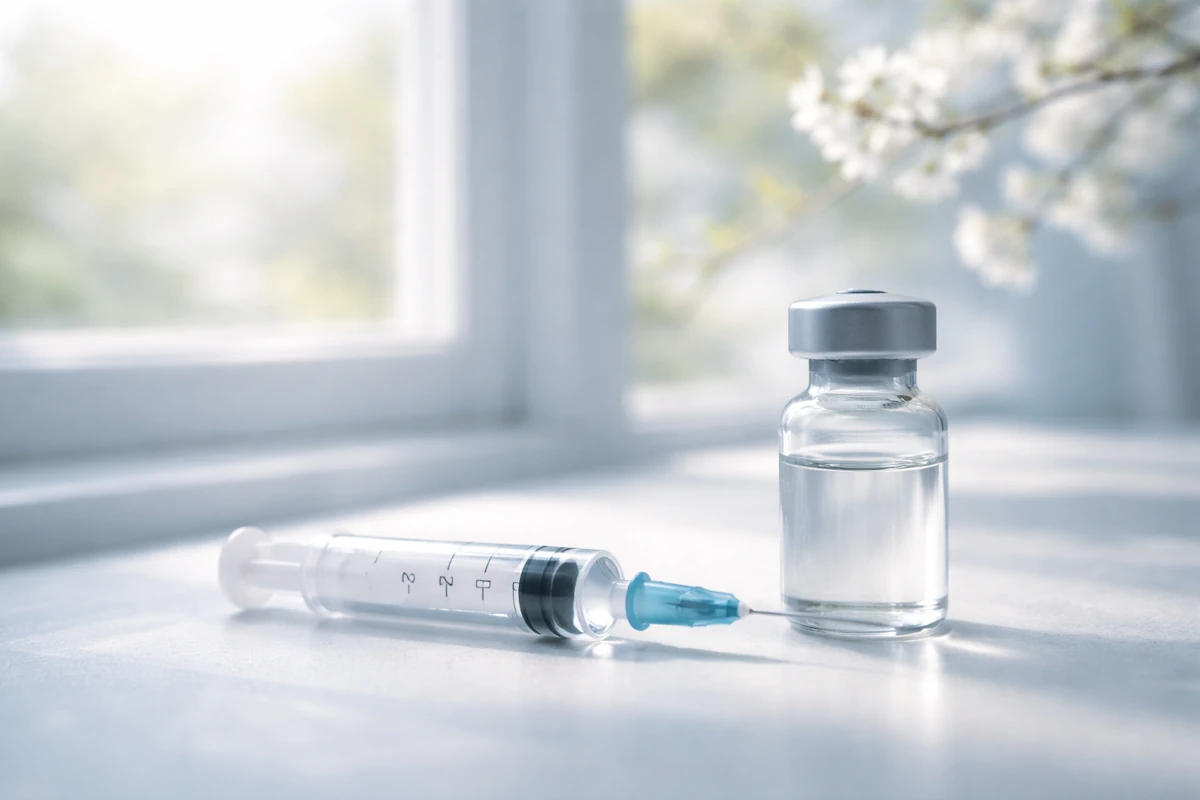 Strzykawka i fiolka ze szczepionką przeciw COVID-19 na laboratoryjnym tle