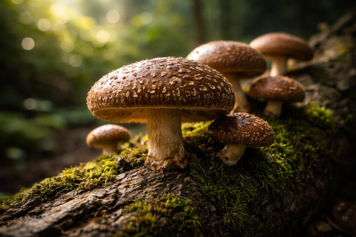 Grzyby shiitake (Lentinula edodes) – kapelusze o brązowej, lekko spękanej powierzchni
