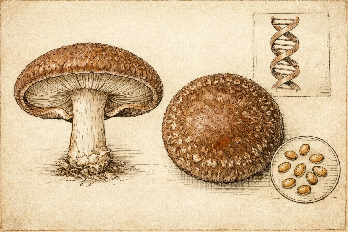 Botaniczna ilustracja grzyba shiitake (Lentinula edodes) – przekrój kapelusza, blaszki i trzon
