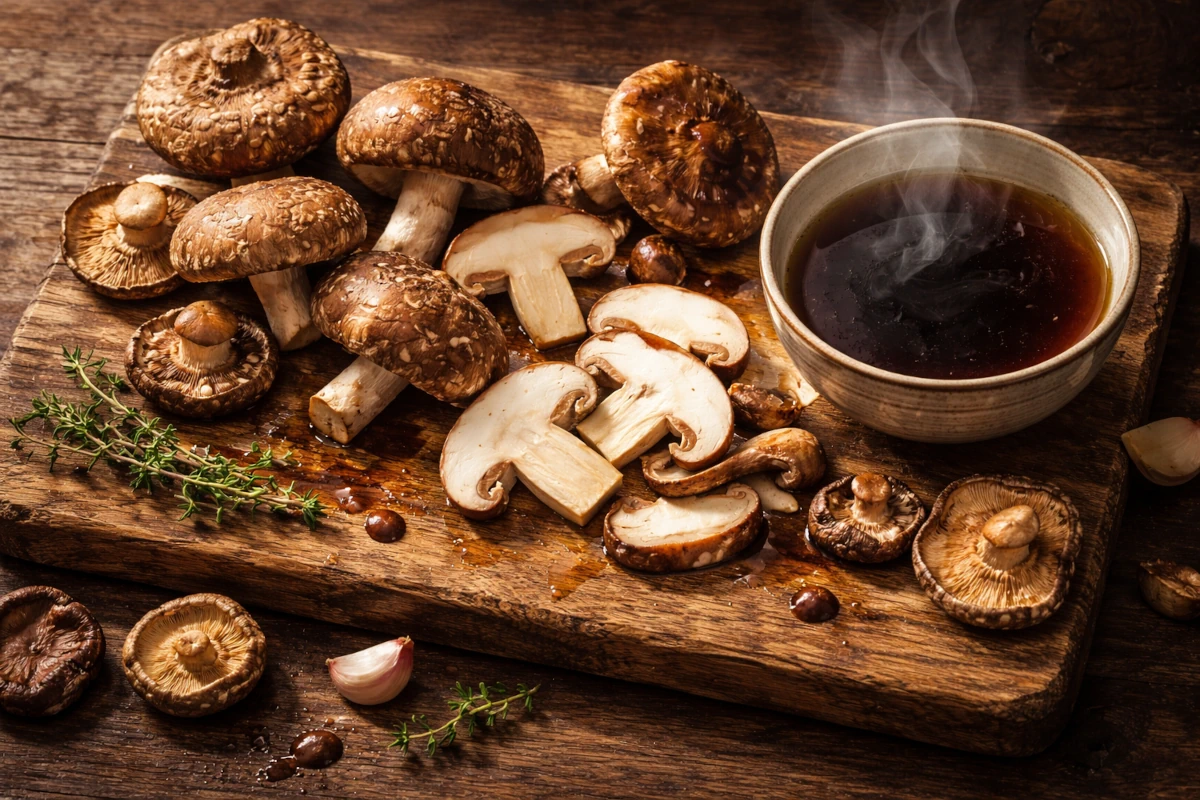 Grzyby shiitake w kuchni – świeże i suszone kapelusze na drewnianej desce obok miseczki bulionu
