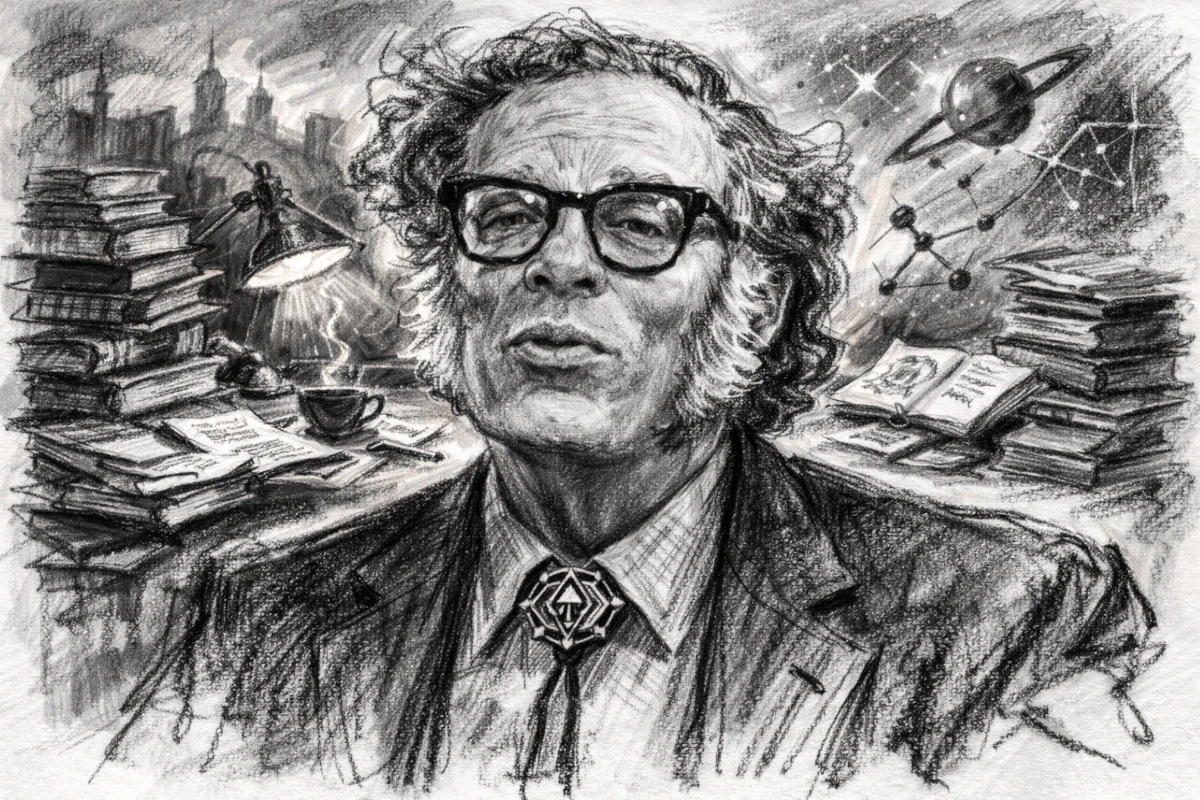 Isaac Asimov – portret pisarza i popularyzatora nauki w formie szkicu węglem, z charakterystycznymi bokobrodami i okularami.
