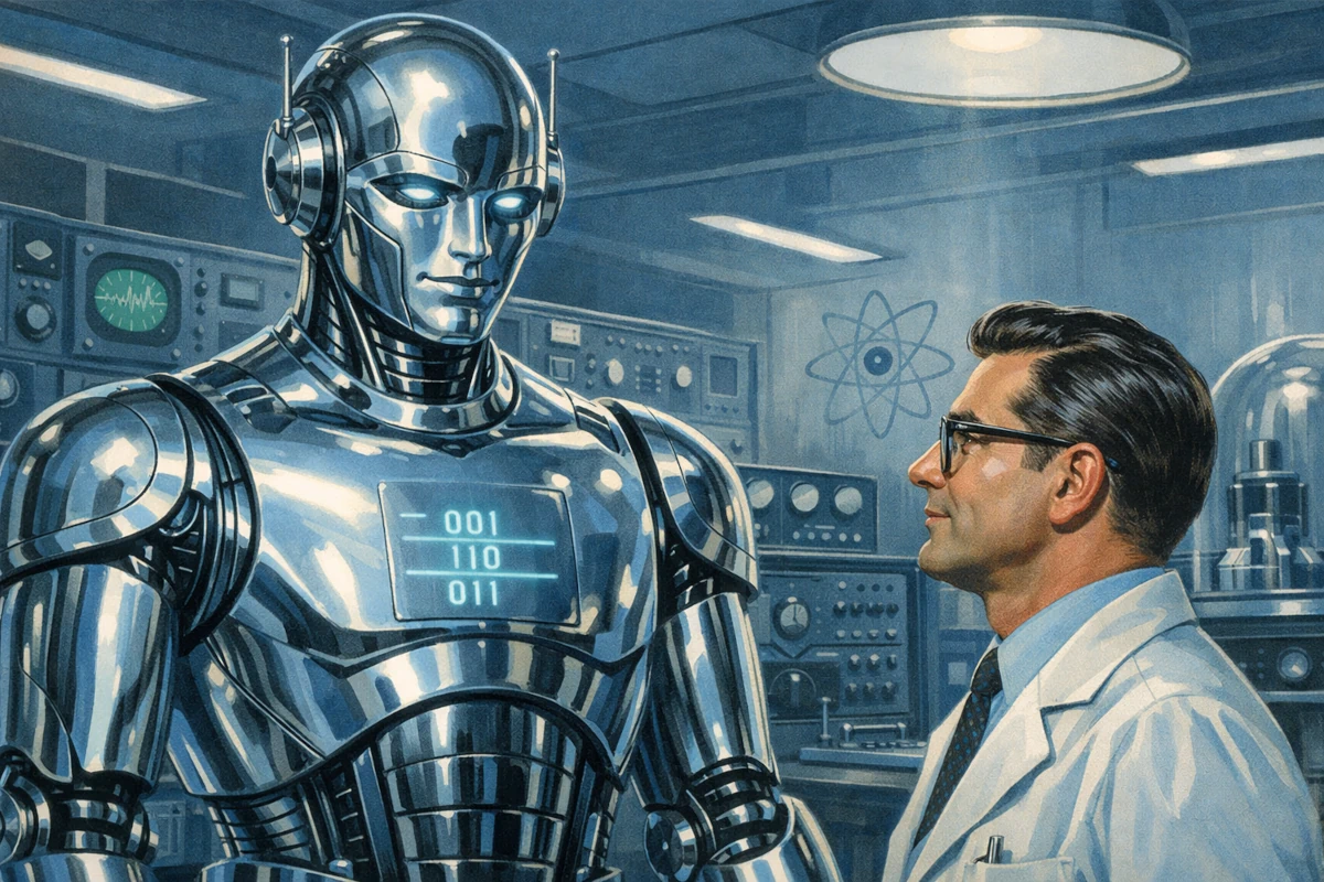 Humanoidalny robot w stylu retro-futurystycznym symbolizujący Trzy Prawa Robotyki Isaaca Asimova