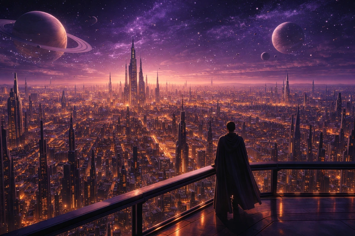 Rozległe futurystyczne miasto pod obcym niebem z odległymi planetami – wizja fantastycznych światów science fiction