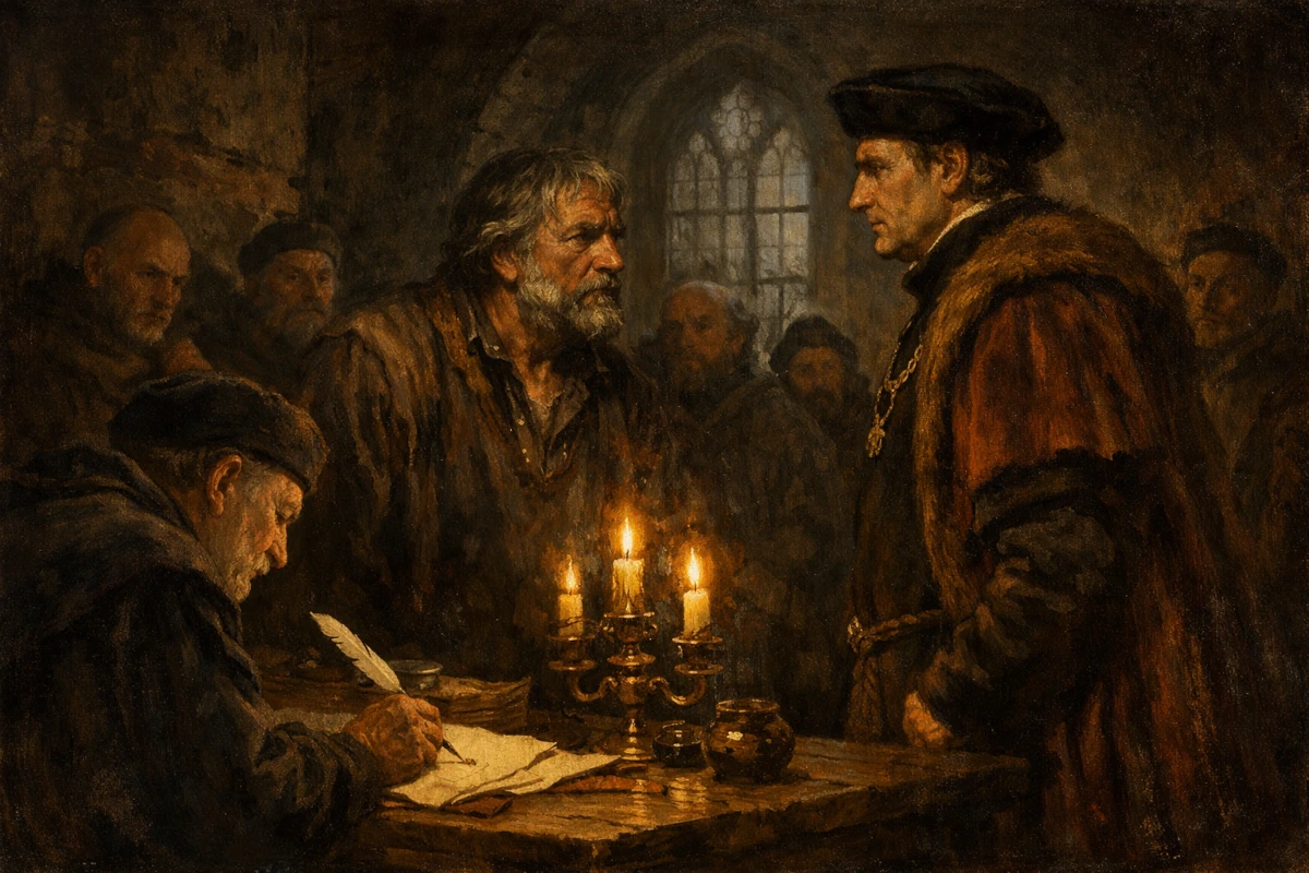 Johannes Gutenberg podczas procesu sądowego w Moguncji – scena symboliczna ukazująca konflikt o finansowanie pierwszej drukarni.
