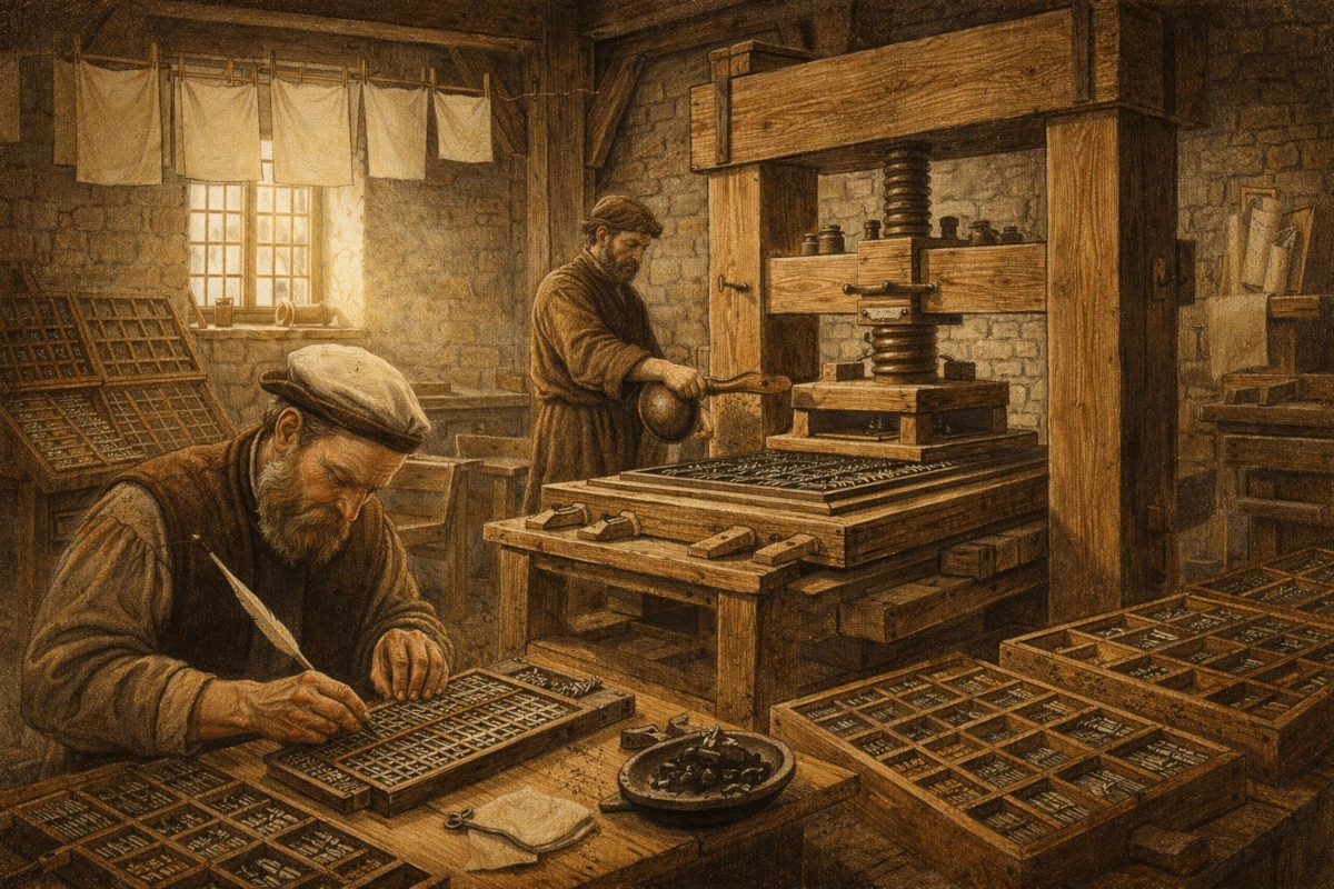Drukarnia Johannesa Gutenberga w Moguncji – warsztat z prasą śrubową i zecerami przy pracy