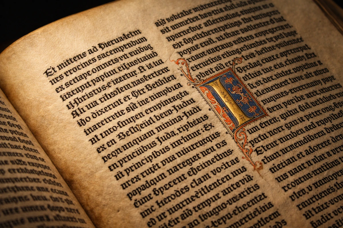 Zbliżenie na drukowany tekst w stylu gotyckiej czcionki – dwie kolumny pisma na kremowym pergaminie