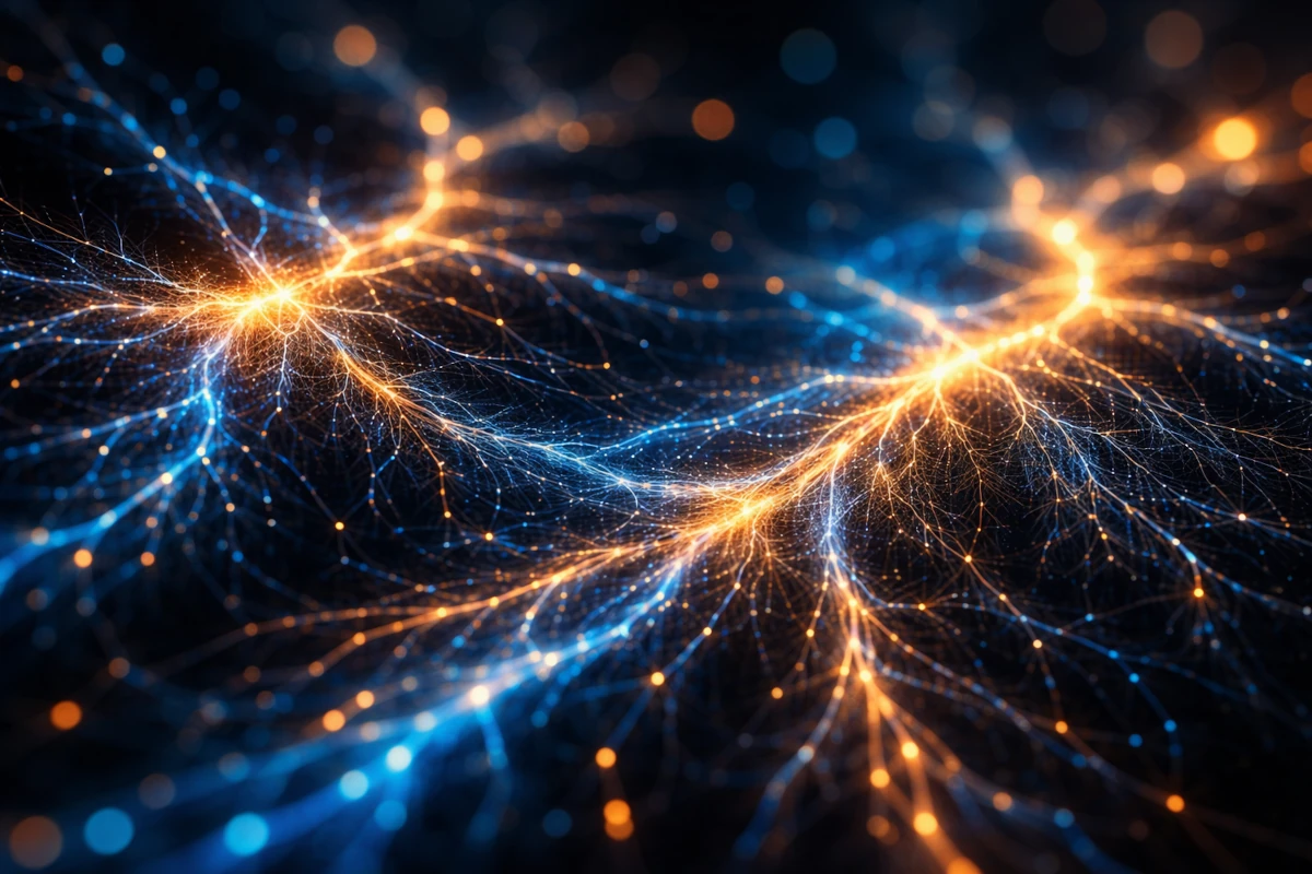 Wizualizacja artystyczna połączeń nerwowych – abstrakcyjna sieć świetlistych włókien symbolizująca regenerację i komunikację neuronów