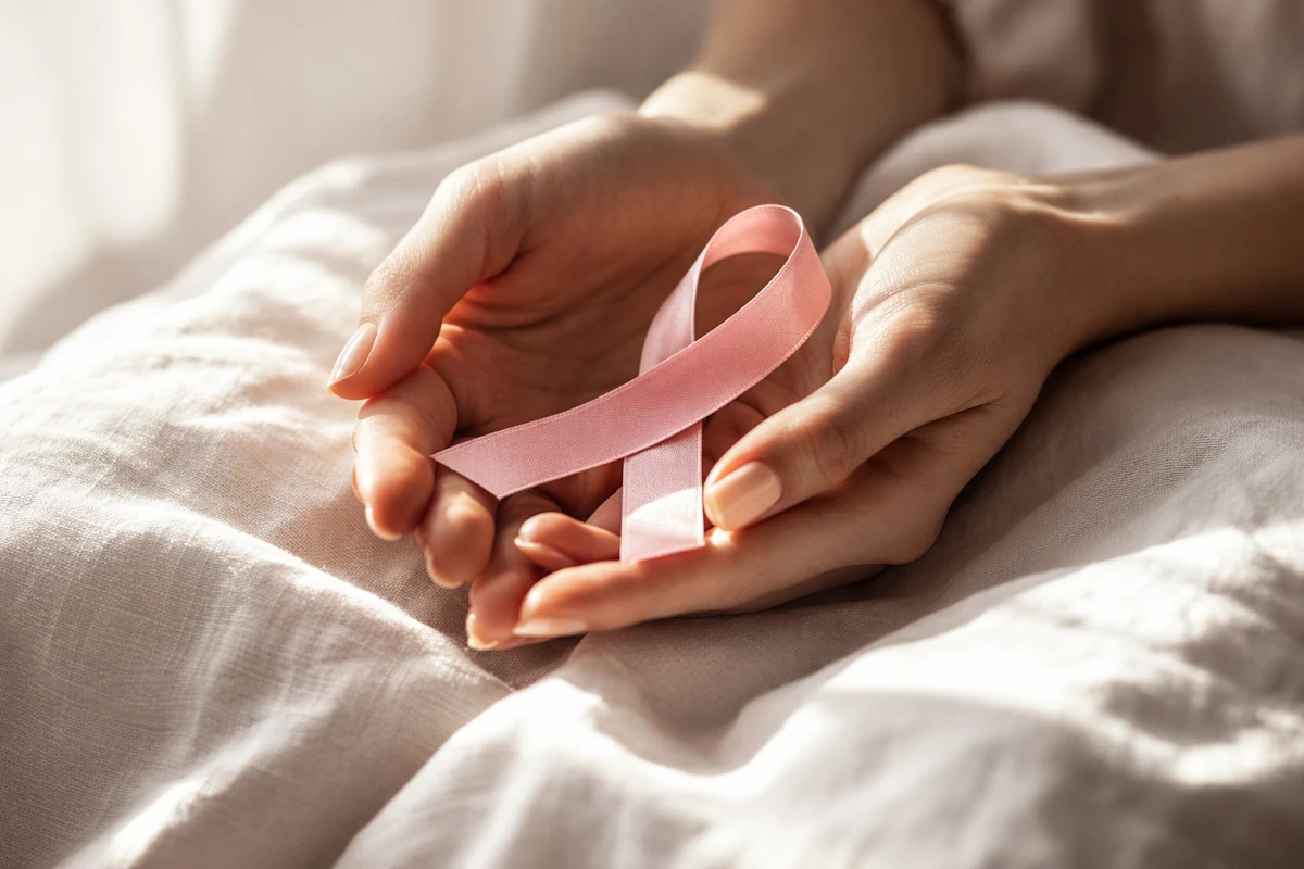 Różowa wstążka symbolizująca walkę z rakiem piersi na jasnym tle
