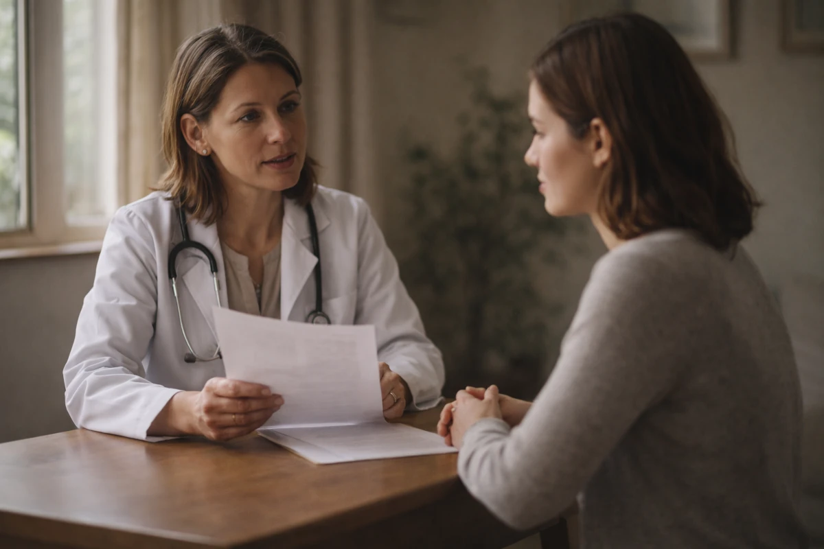 Wizyta u lekarza – rozmowa pacjentki z lekarką w gabinecie, ilustracja poglądowa