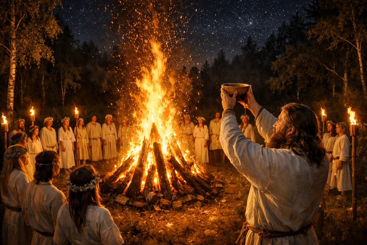 Obrzędy rodzimowierców słowiańskich przy ognisku podczas święta plenerowego
