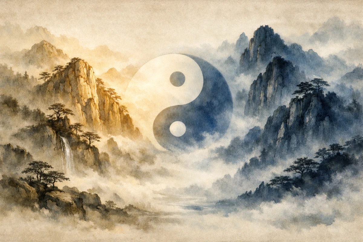 Symbol yin i yang przedstawiony w klasycznej czarno-białej formie jako ilustracja starożytnej chińskiej filozofii równowagi
