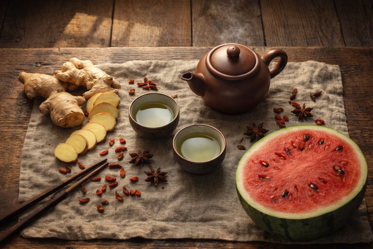 Letnie produkty o właściwościach ochładzających w tradycyjnej medycynie chińskiej: arbuz, zielona herbata, gruszki, tofu, ogórki i fasola mung