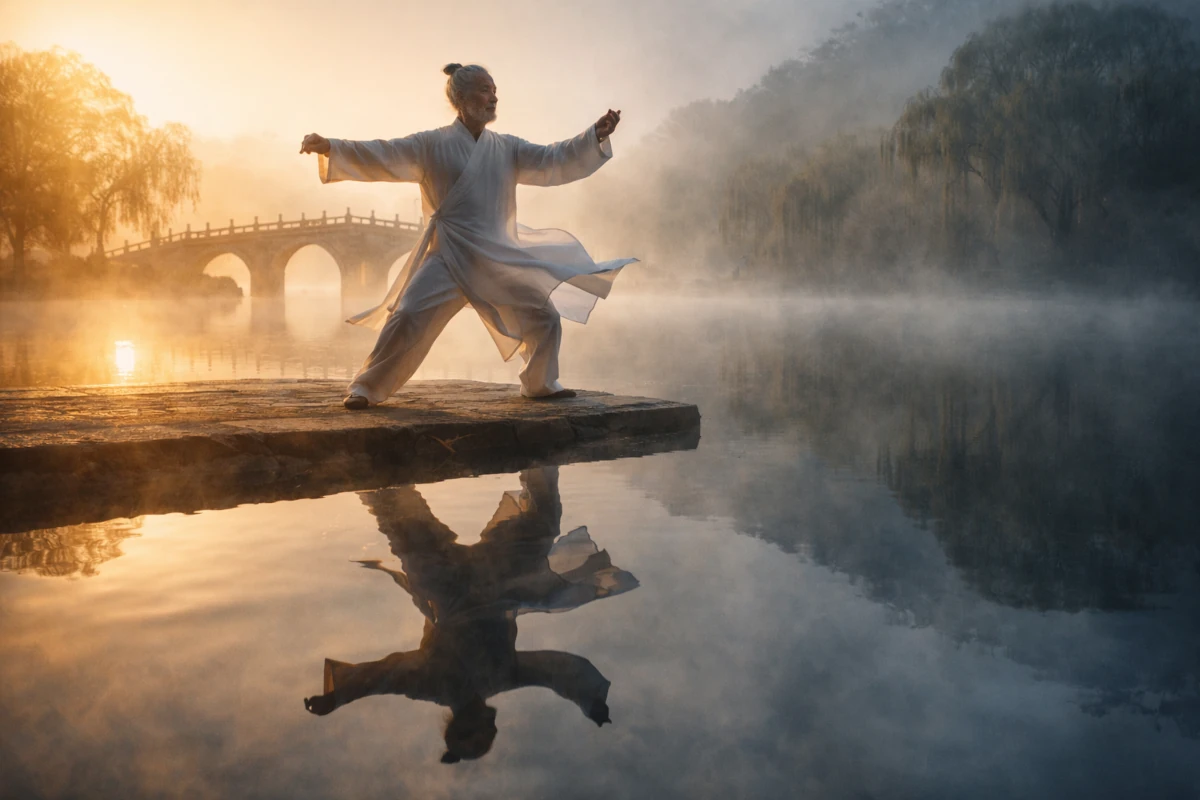 Ilustracja poglądowa przedstawiająca praktykę wewnętrznych stylów chińskich sztuk walki: taijiquan, baguazhang i xingyiquan jako wyraz równowagi yin i yang