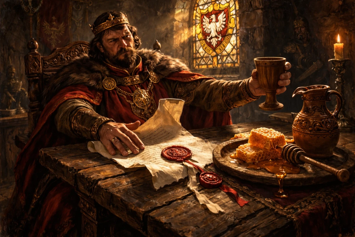 Miód pitny w ozdobnym kielichu na stole w stylu staropolskim, symbol szlacheckiej tradycji
