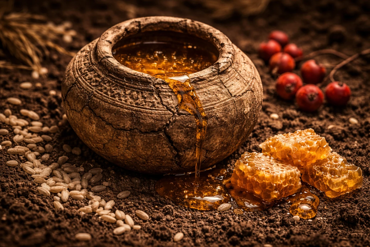 Miód – złocista ciecz o gęstej konsystencji, ilustracja poglądowa