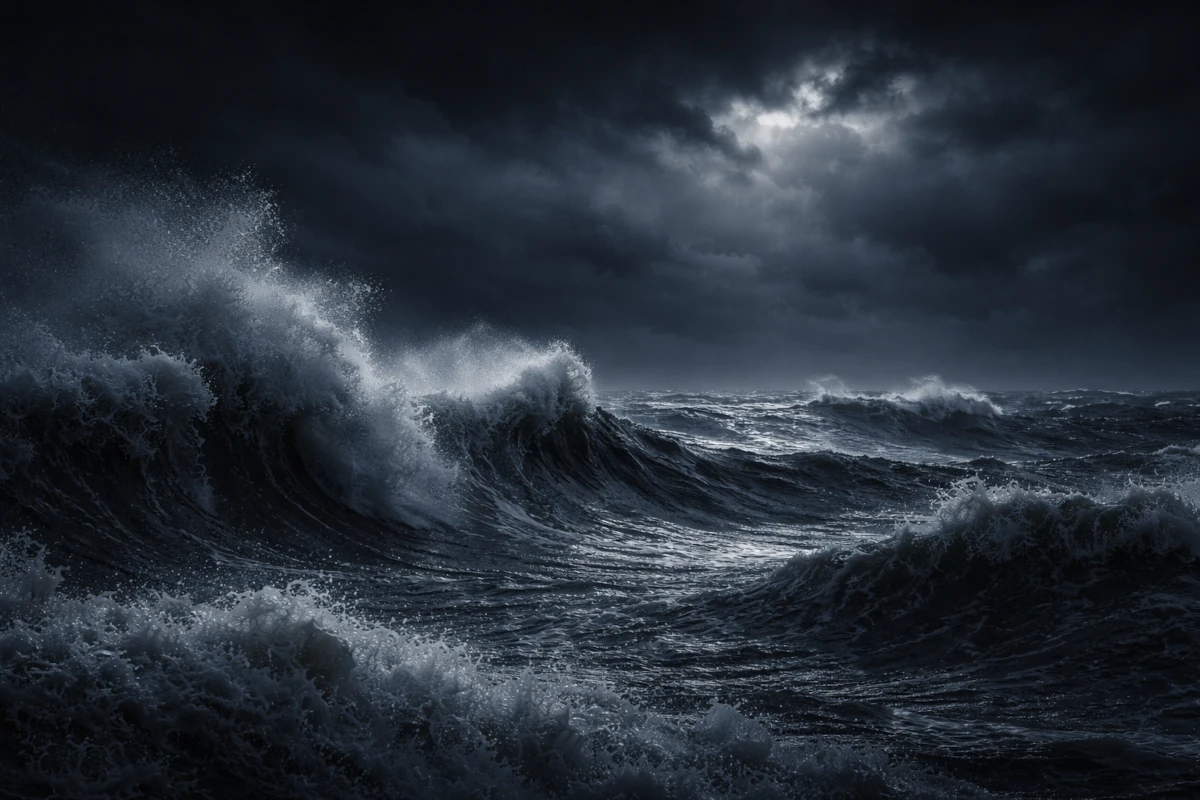 Wzburzone Morze Bałtyckie podczas zimowego sztormu – wysokie fale i ciemne niebo
