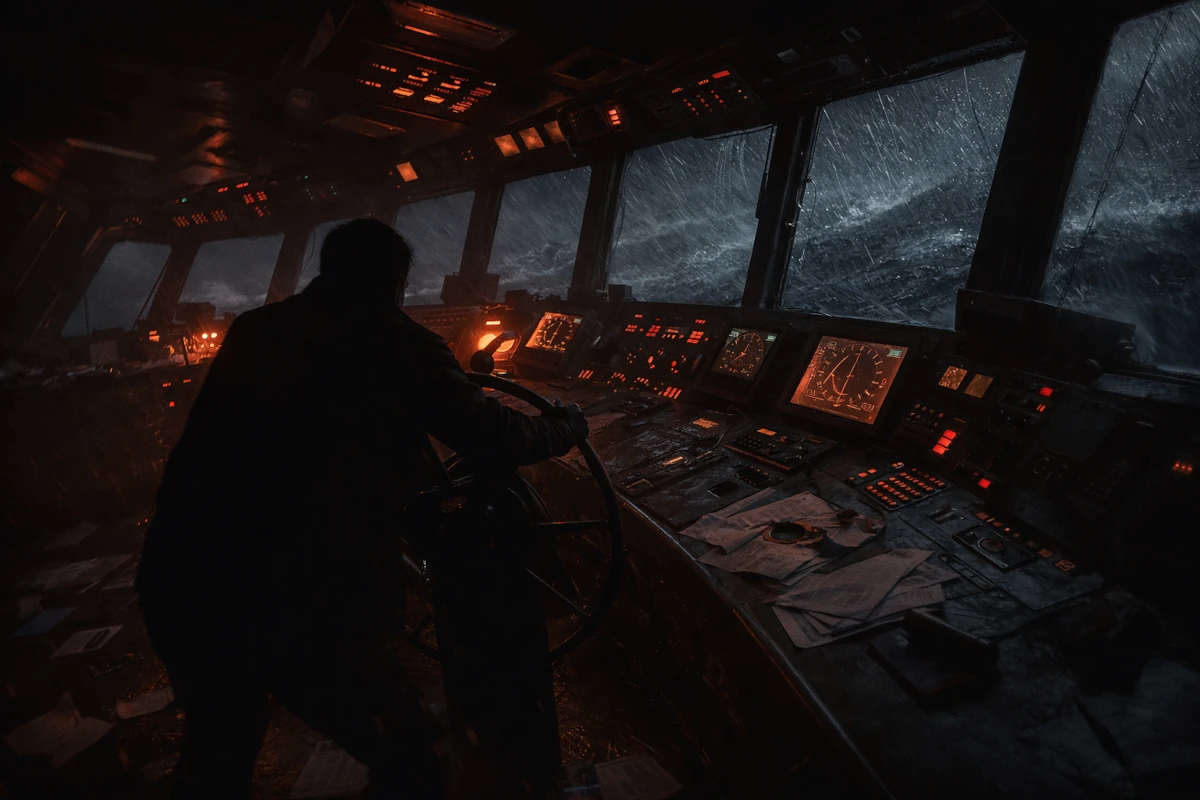 Mostek kapitański promu podczas sztormu – widok na stanowiska sterowe i panoramiczne okna