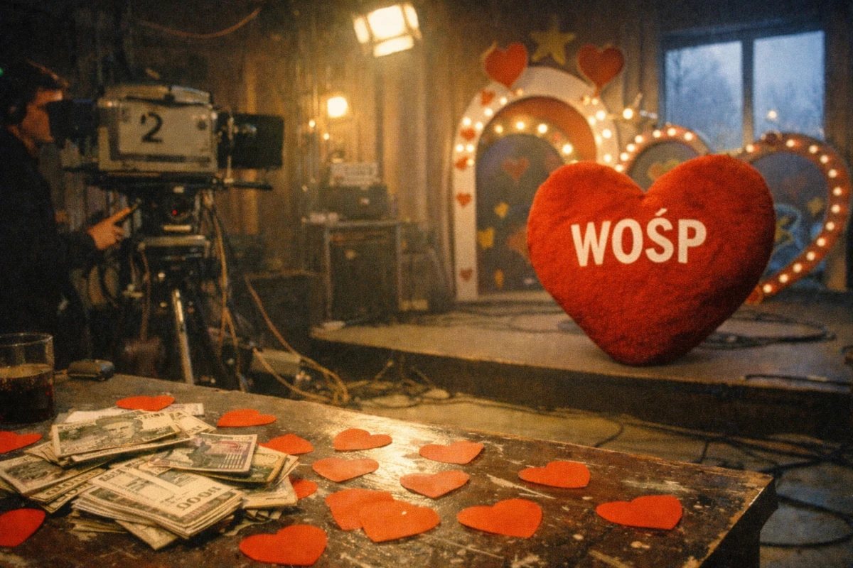 Początki Wielkiej Orkiestry Świątecznej Pomocy – symboliczne ujęcie pierwszych Finałów, wolontariuszy z puszkami i czerwonymi serduszkami
