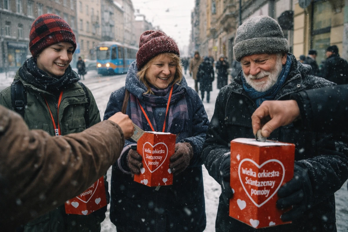Wolontariusze WOŚP z puszkami kwestarskimi i czerwonymi serduszkami podczas Finału