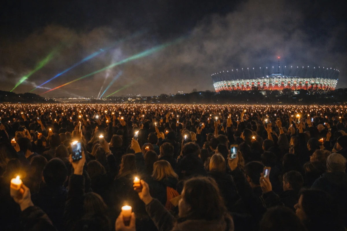 Koncert Finału WOŚP – scena, światła i publiczność z czerwonymi serduszkami